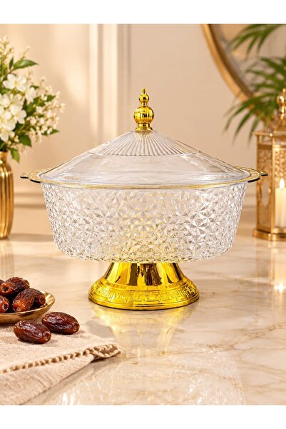 Generic Crystal Glass Serving Bowl with Lid on Gold Pedestal Stand Diamond-Cu...