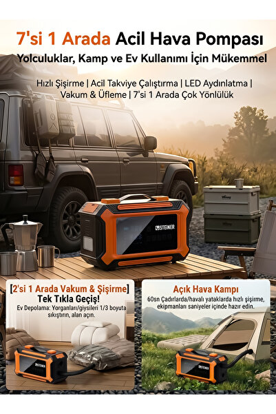 STEİNER 36V Şarjlı 20.000mAh Araç Akü Takviye Cihazı 150 PSI Işıklı Dijital Ekranlı Lastik Şişirme Hava Kompresörü 7 in 1 Çantalı