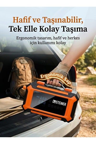 STEİNER 36V Şarjlı 20.000mAh Araç Akü Takviye Cihazı 150 PSI Işıklı Dijital Ekranlı Lastik Şişirme Hava Kompresörü 7 in 1 Çantalı
