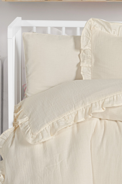 Maison Bebe Kz Ruffled 100% Cotton Muslin Baby Duvet Cover Set - Cream