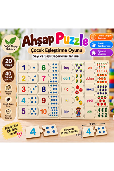 Trendy Toys Çift Yönlü Ahşap Sayılar Eşleştirme Puzzle – 20 Parça 40 Görsel E...