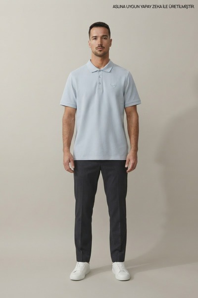 Maccali Ice Blue Men's Slim Fit Pique Short Sleeve Polo Collar T-Shirt