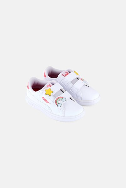 Puma Kids Girl Smash 3,0 Badgees V PS Velcro Closure Sports Shoes, White/Pink