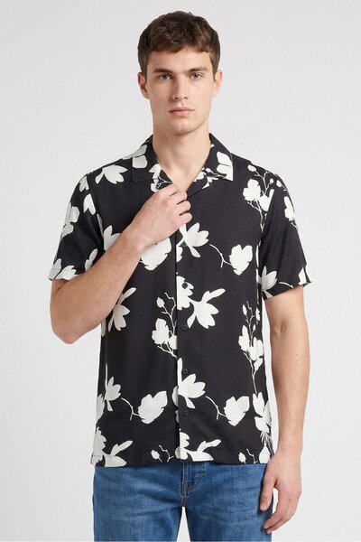 Garment Research London Men Regular Fit Floral Print Short Sleeve Casual Shir...