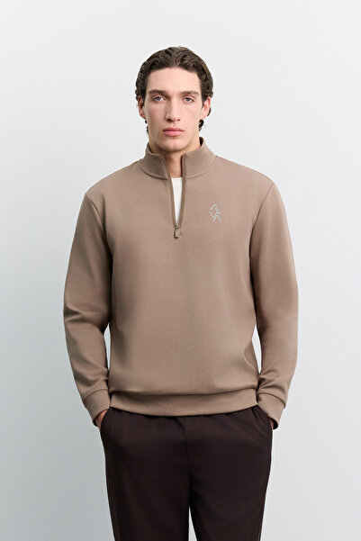 Avva Erkek Vizon Dik Yaka Fermuarlı Göğüs Baskılı İnterlok Sweatshirt A62Y1310