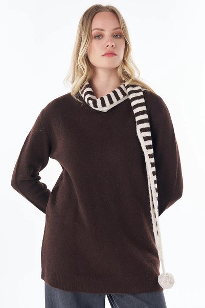 KYR Knitwear Tunic with Scarf Detail Dark Brown