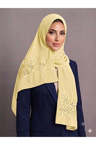 Veil Designer طرحه بوال اصفر بنطريز الورد الجوري بيج علي الطرفين قماش ياباني ...