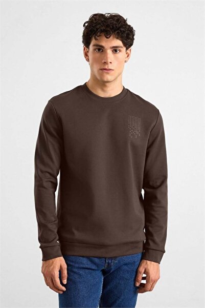 SÜVARİ Koyu Kahve Regular Düz Baskılı İnterlok Bisiklet Yaka Cepsiz Sweatshirt