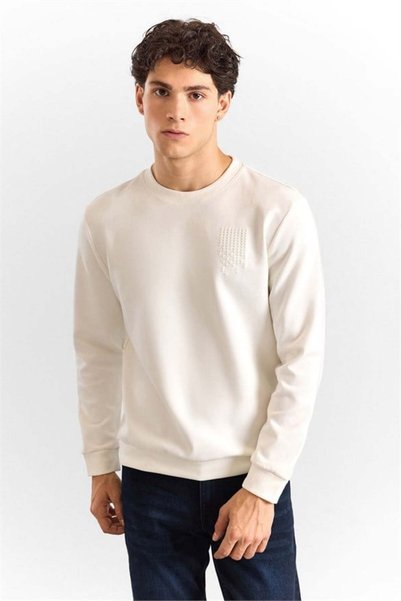 SÜVARİ Ekru Regular Düz Baskılı İnterlok Bisiklet Yaka Cepsiz Sweatshirt