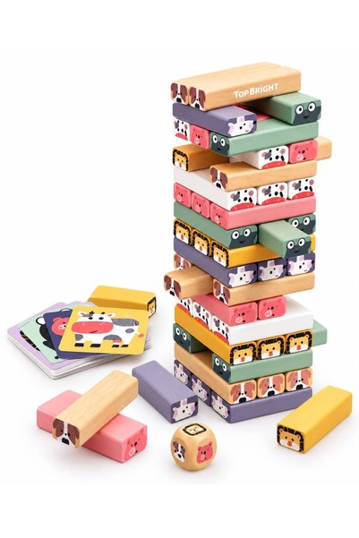BuradaBuldun Topbright Wobble Tower Ahşap Denge Kulesi Hayvan Figürlü Eğitici Çocuk Oyunu Kartlı ve Zarlı