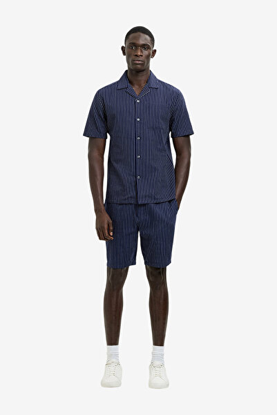 French Connection Short Sleeve Twill Navy Blue Striped Shirt