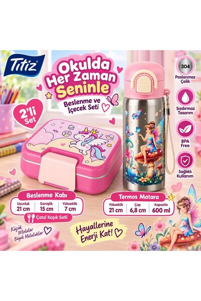 BuradaBuldun Titiz Çelik Beslenme Kabı ve 600 ml Çelik Termos Matara Seti Pem...