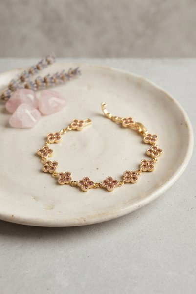 ELİSY Gold Color Pink Zircon Stone Clover Model Women's Bracelet