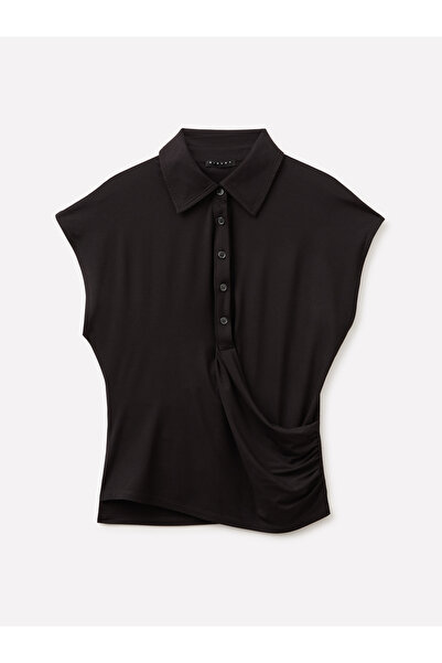 Sisley Kadın Siyah Çapraz Yaka Detaylı Kimono Kollu Polo Yaka T-Shirt