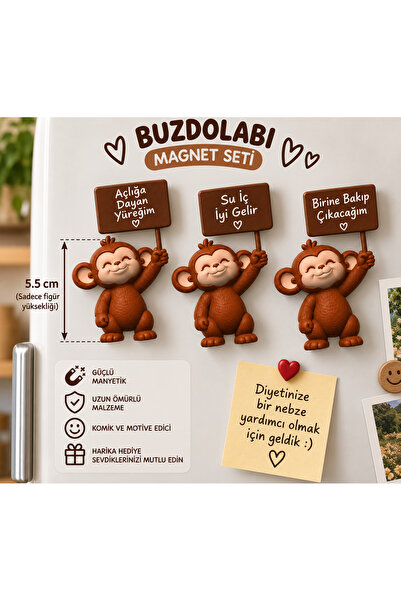 AtikPromosyon3D 3 Maymun Magnet Buzdolabı Süsü – Dekoratif 3'lü Espirili Dola...