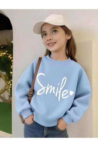 MORNİNG KİDS Kız Çocuk Smile Baskılı Bisiklet Yaka BEBE MAVİ Sweatshirt