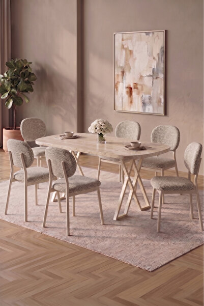 asaella mobilya Hooli 90x168 Traverten Mdf Masa, Metal X Ayak, Metal Sandalye...