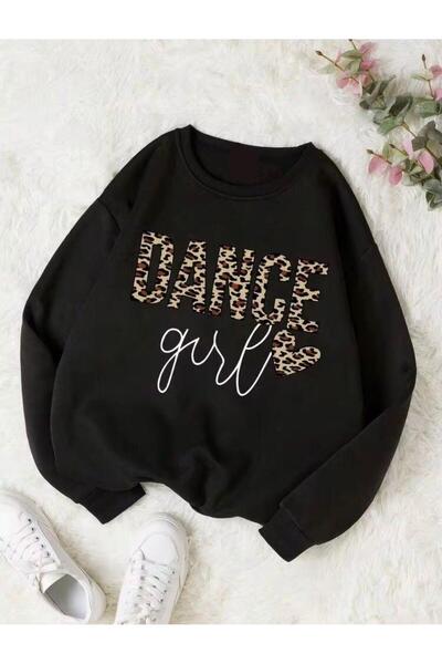 MORNİNG KİDS Kız Çocuk Leoparlı Dance Girl Baskılı Bisiklet Yaka Siyah Sweatshirt