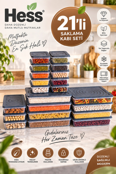 Mikrodalga ve Difriz Uyumlu 21 Adet Saklama Kabı Seti 2400MLX8+1200x3+600x10