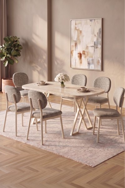 asaella mobilya Hooli 90x168 Traverten Mdf Masa, Metal X Ayak, Metal Sandalye...