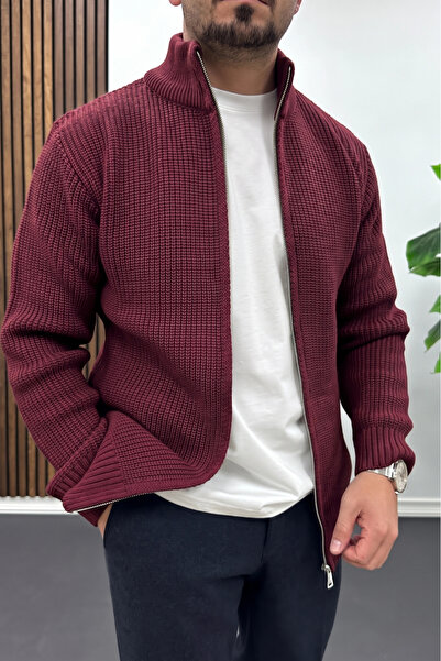 Edwox Men's Slim Fit Zippered Cardigan Claret Red Edw434