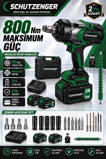 SCHUTZENGER 800Nm 21v ŞARJLI SOMUN SÖKME SIKMA MAKİNESİ SETLİ KÖMÜRSÜZ MOTOR TORKLU 10 PİLLİ AKÜ YEŞİL-7