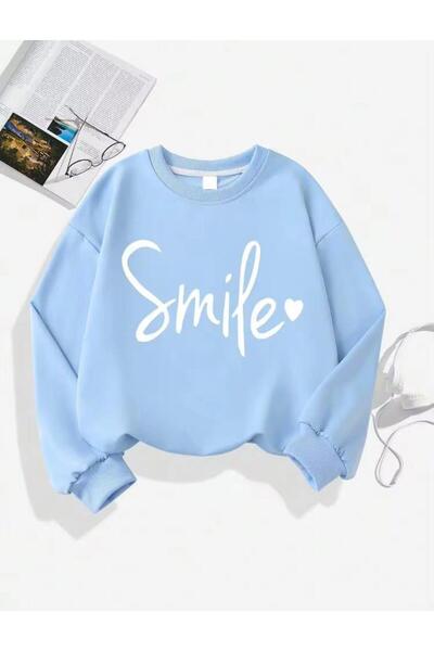 MORNİNG KİDS Kız Çocuk Smile Baskılı Bisiklet Yaka BEBE MAVİ Sweatshirt