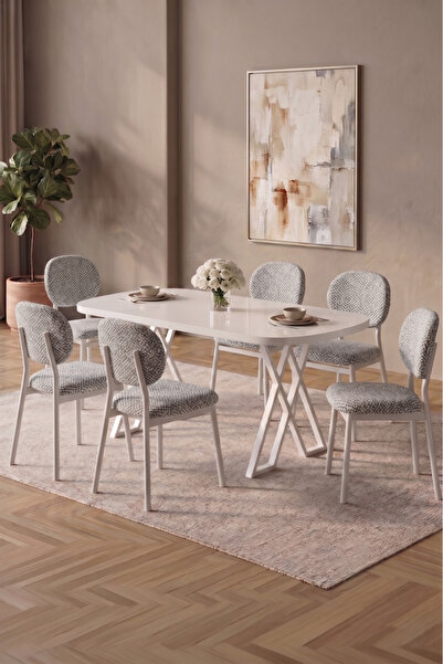 asaella mobilya Hooli 90x168 Beyaz Mdf Masa, Metal X Ayak, Metal Sandalye, 6 ...