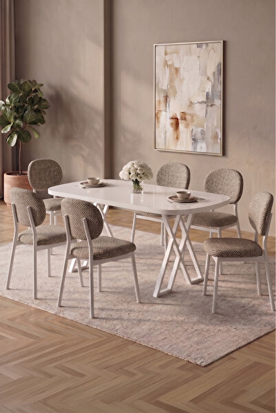 asaella mobilya Hooli 90x168 Beyaz Mdf Masa, Metal X Ayak, Metal Sandalye, 6 ...