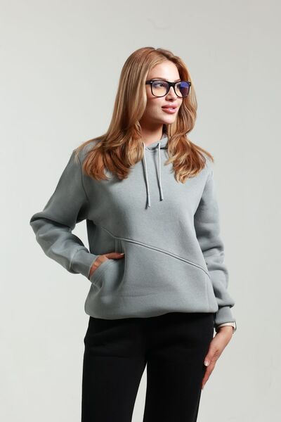 Quanlex 16 Threaded Hooded Women's Black Sweatshirt with Double Side Pockets