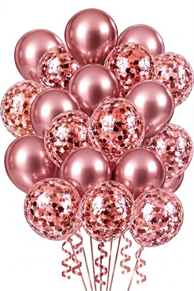 Onay Store 10 Adet Metalik Rose Gold Balon ve Rose Gold Konfetili Şeffaf Balo...