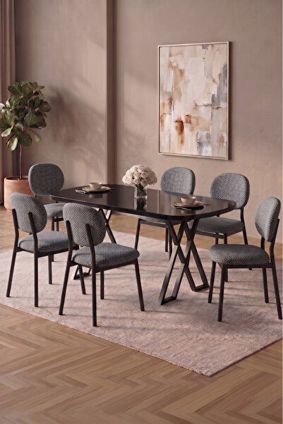 asaella mobilya Hooli 90x168 Siyah Mdf Masa, Metal X Ayak, Metal Sandalye, 6 ...