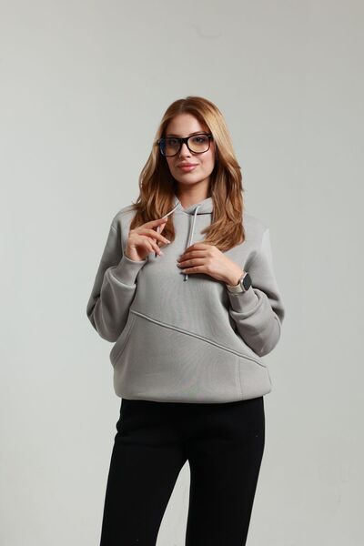 Quanlex 3 İplik Şardonlu Kapüşonlu Kadın Yandan Çift Cepli Taş Rengi Sweatshirt
