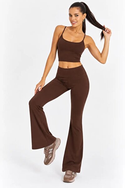 Cool & Sexy Women's Brown Strappy Crop Top and Spanish Leg Pants Sports Set