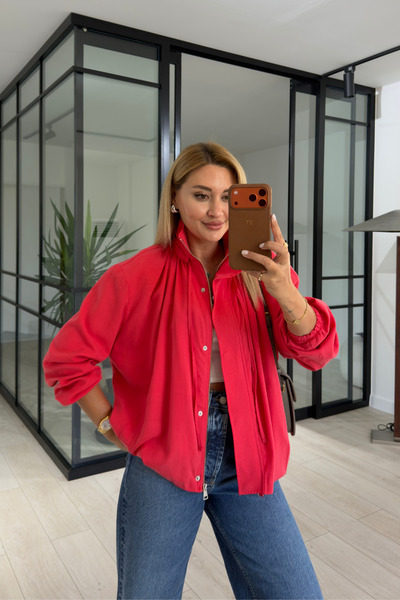 Sezgi Tekin High Collar Pleated Red Bomber Jacket