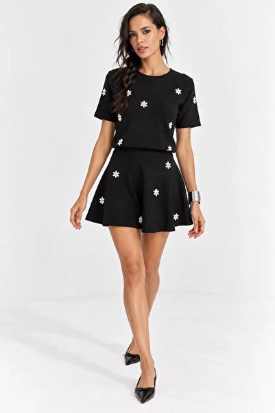 Cool & Sexy Women's Black Daisy Detailed Blouse and Skirt Two-Piece Set