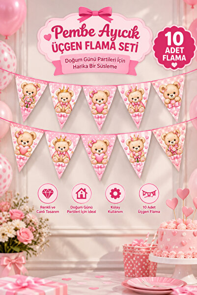 GREATOY Pink Teddy Bear Themed 10-Piece Triangle Pennant Birthday Decoration