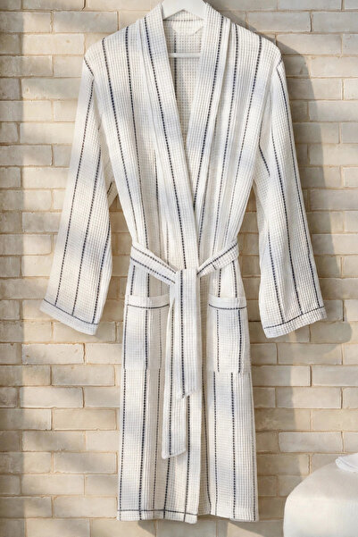 Nilteks 100% Cotton Waffle Pike Bathrobe and Head Towel Set 2-Piece Bath Set Ecru - Gray Striped