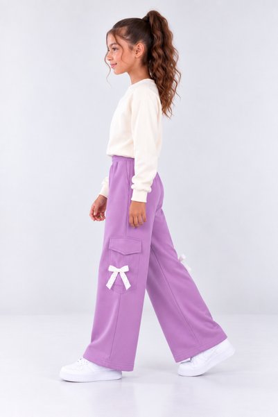 Joi Kids Girls' Wide Leg Loose-Fit Sweatpants with Bow Detail and Cargo Pockets