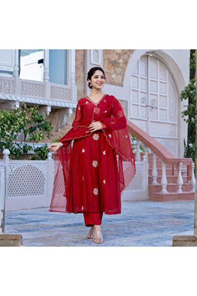 MYSMAR Red Embroidered Anarkali Kurta and Pant with Dupatta - ALV2125-Red-Siz...