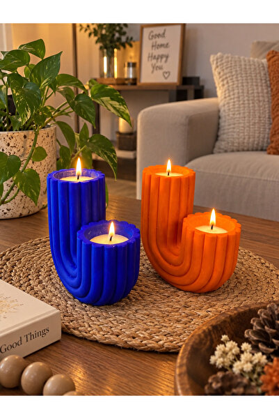 BUBUHOMEDECOR Turuncu Mavi Kaktüs Dekoratif Mumluk 2li Set