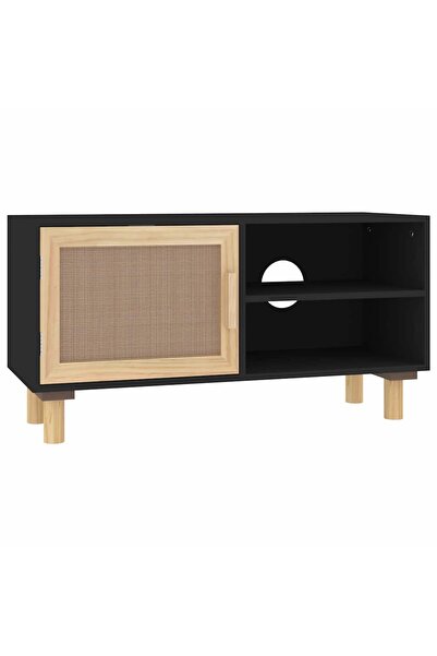 vidaxl Comodă TV, negru, 80x30x40 cm, lemn masiv pin și ratan