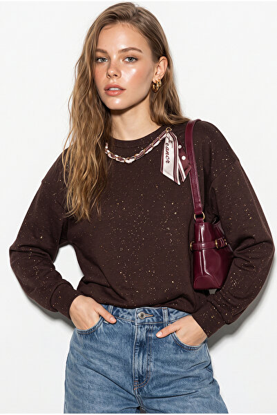 Bianco Lucci Women's Gilded Printed Modal Oversize Sweatshirt with Chain and ...