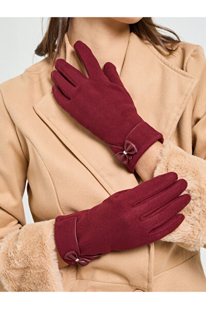 Styli Burgundy Knitted Gloves with Bow Detail
