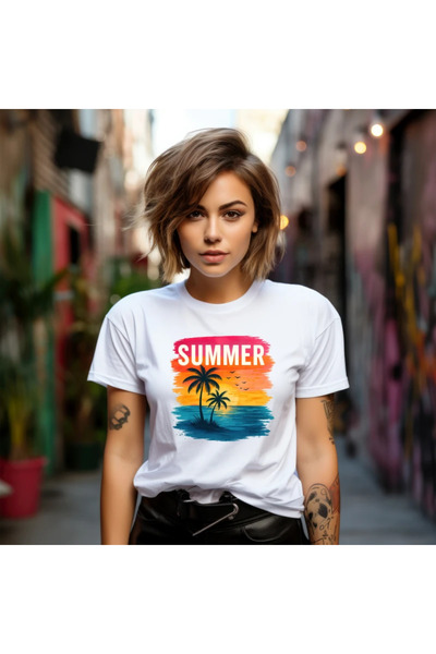 OKTANE Tricou vara Summer palm sunset alb 2XL