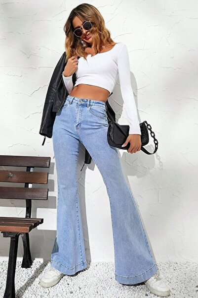 DRC trend Dupa Lycra Women's Ice Blue High Waist Flare Jean Spanish Leg Jeans