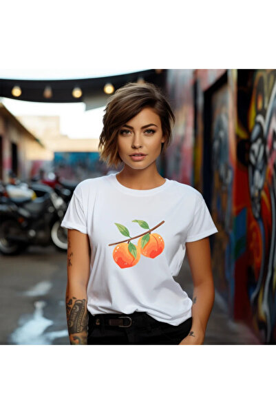 OKTANE Women's t-shirt Peaches model 8, summer, Fruits, 100% Cotton, white co...