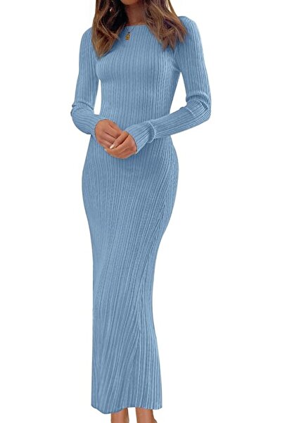 MEROKEETY فساتين ماكسي نسائية محبوكة برقبة دائرية للخريف بتصميم كلاسيكي