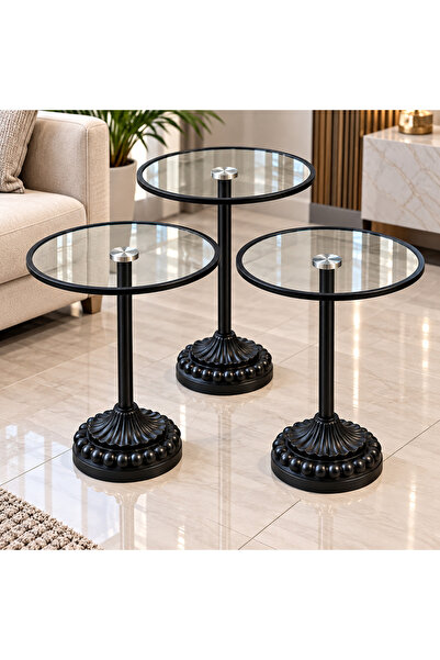 Royal Home Set of 3 Round Black Glass End Tables with Decorative Base