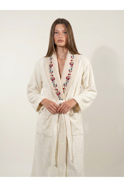 Minteks Carezza 100% Cotton Embroidered Detailed Shawl Bathrobe